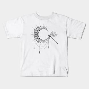 Intricate Half Crescent Moon with Dragonfly Tattoo Design Kids T-Shirt